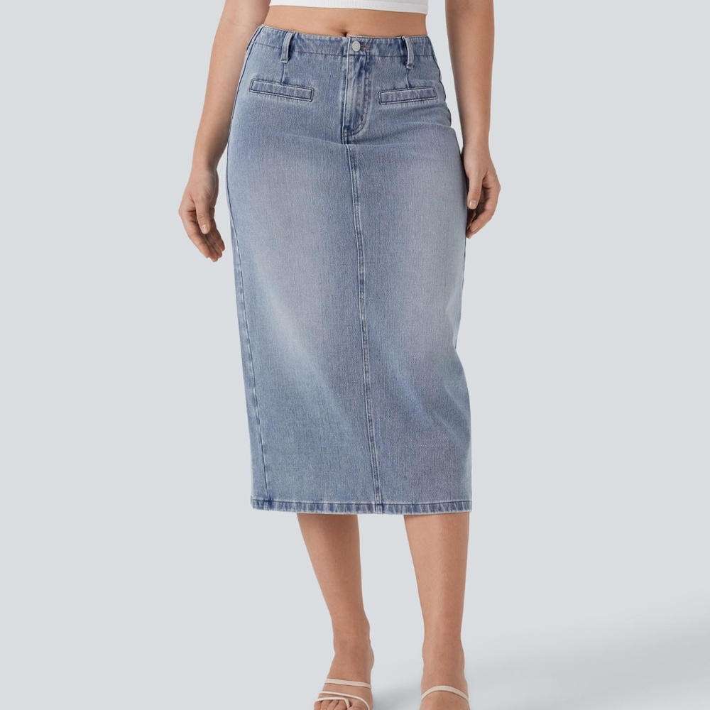 Halara Flex™ Mid Rise Back Midi Washed Denim Casual Straight Skirt with Pockets